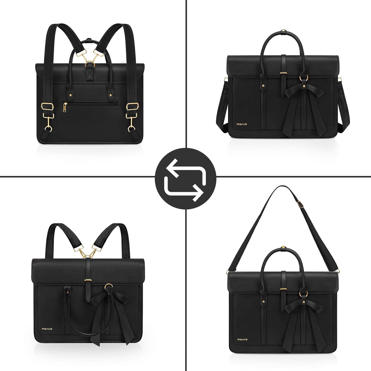 MOSISO Laptop Bag for Women, PU Leather Laptop Shoulder Bag Convertible Backpack, Work Travel Computer Bag with Bowknot - PuriLite