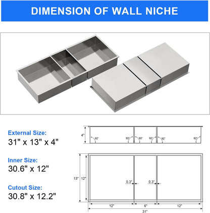 MENATT No Tile Shower Niche, Stainless Steel Wall Niche 13"X19"(Inner Size 12"X18"), Two-Tier Bathroom Shelf, NO Tile Needed Recessed Niche Shower for Bathroom Storage, Black