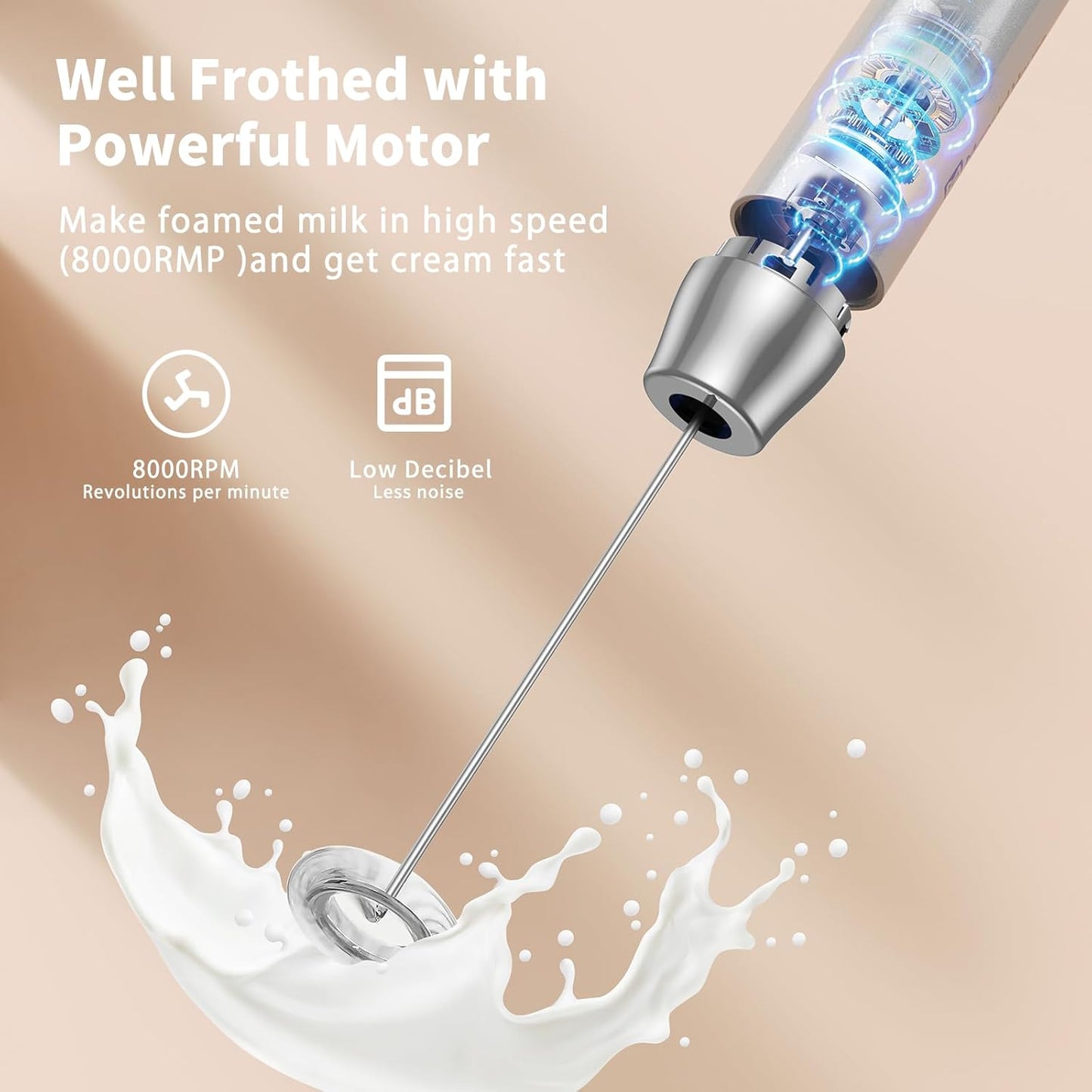 Maestri House Rechargeable Milk Frother, Handheld Electric Foam Maker Waterproof Detachable Stainless Steel Whisk Drink Mixer Foamer with Stand,LunaFro