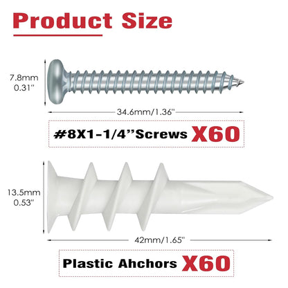 Spuspk #8 Self Drilling Drywall Anchors,120Pcs Wall Anchors and Screws for Drywall, 60 Self-Tapping/Threaded Plastic Sheetrock Anchors + 60#8 x 1-1/4'' Screws, 75LB Hanging and Mounting