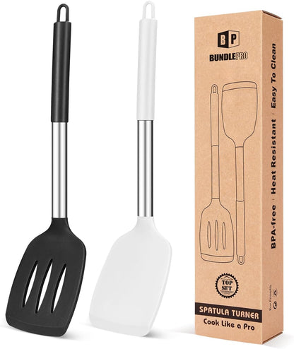 Pack of 2 Silicone Slotted Spatula,Non Stick Solid Kitchen Turner, High Heat Resistant BPA Free Cooking Utensils for Fish, Eggs, Pancakes（Black
