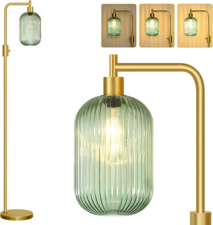 Upgraded】 Dimmable Floor Lamp for Living Room with Green Ribbed Glass Lampshade, Gold Modern Floor Lamp with 900LM LED Bulb Included, Arc Standing Tall Lamp for Bedroom, Office, Reading Room, Corner