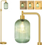 Upgraded】 Dimmable Floor Lamp for Living Room with Green Ribbed Glass Lampshade, Gold Modern Floor Lamp with 900LM LED Bulb Included, Arc Standing Tall Lamp for Bedroom, Office, Reading Room, Corner