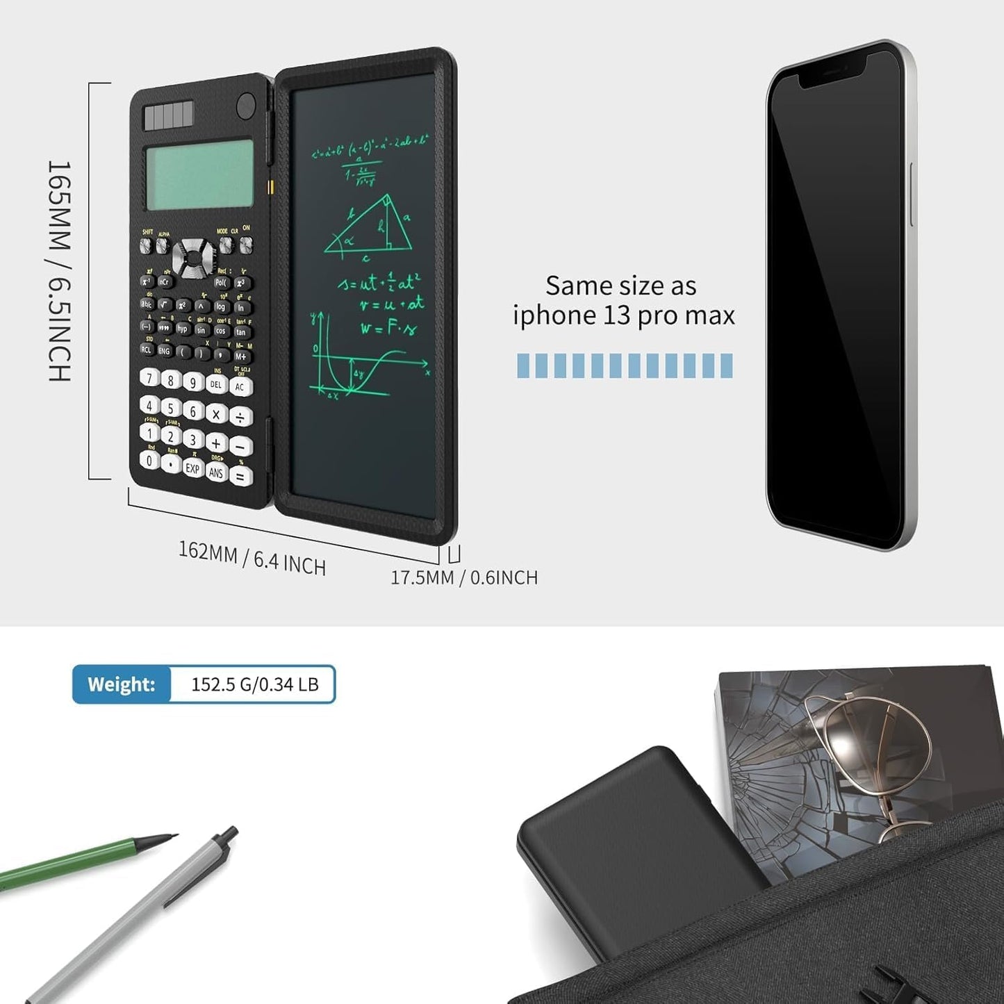 Scientific Calculator with Writing Pad | Foldable 2-Line Display Solar & Battery Powered