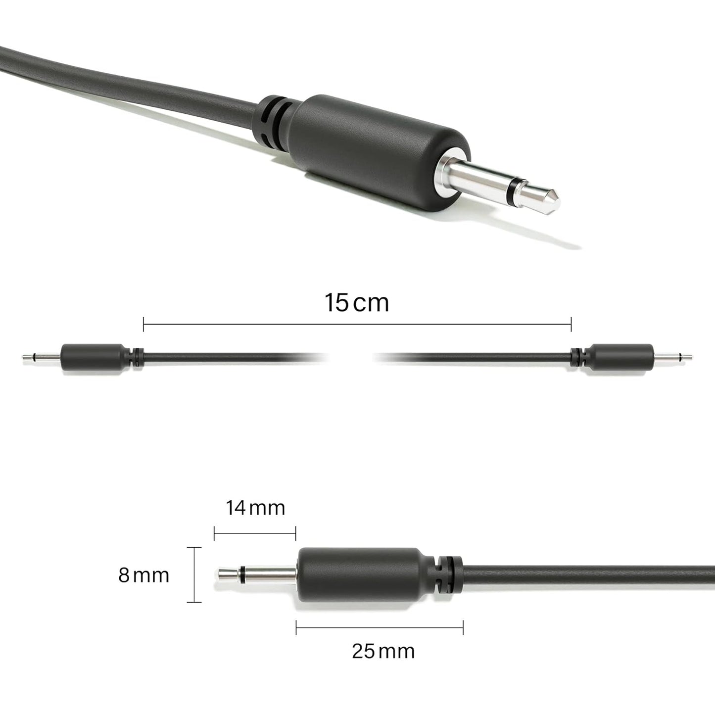 ExcelValley - 5-Pack - Mono Modular Patch Cables - TS 3.5mm 1/8" Eurorack Synthesizer [Black | 60 cm - 23.62"]
