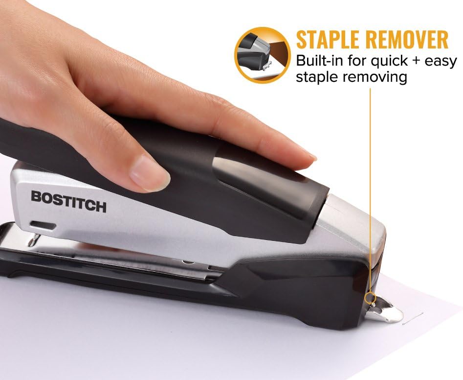 Bostitch Office Metal Executive 3-in-1 Spring-Powered Stapler, One-Finger Operation, Jam-Free, Built-In Staple Remover & Storage, Staples Up to 28 Sheets, Black/Gray - PuriLite
