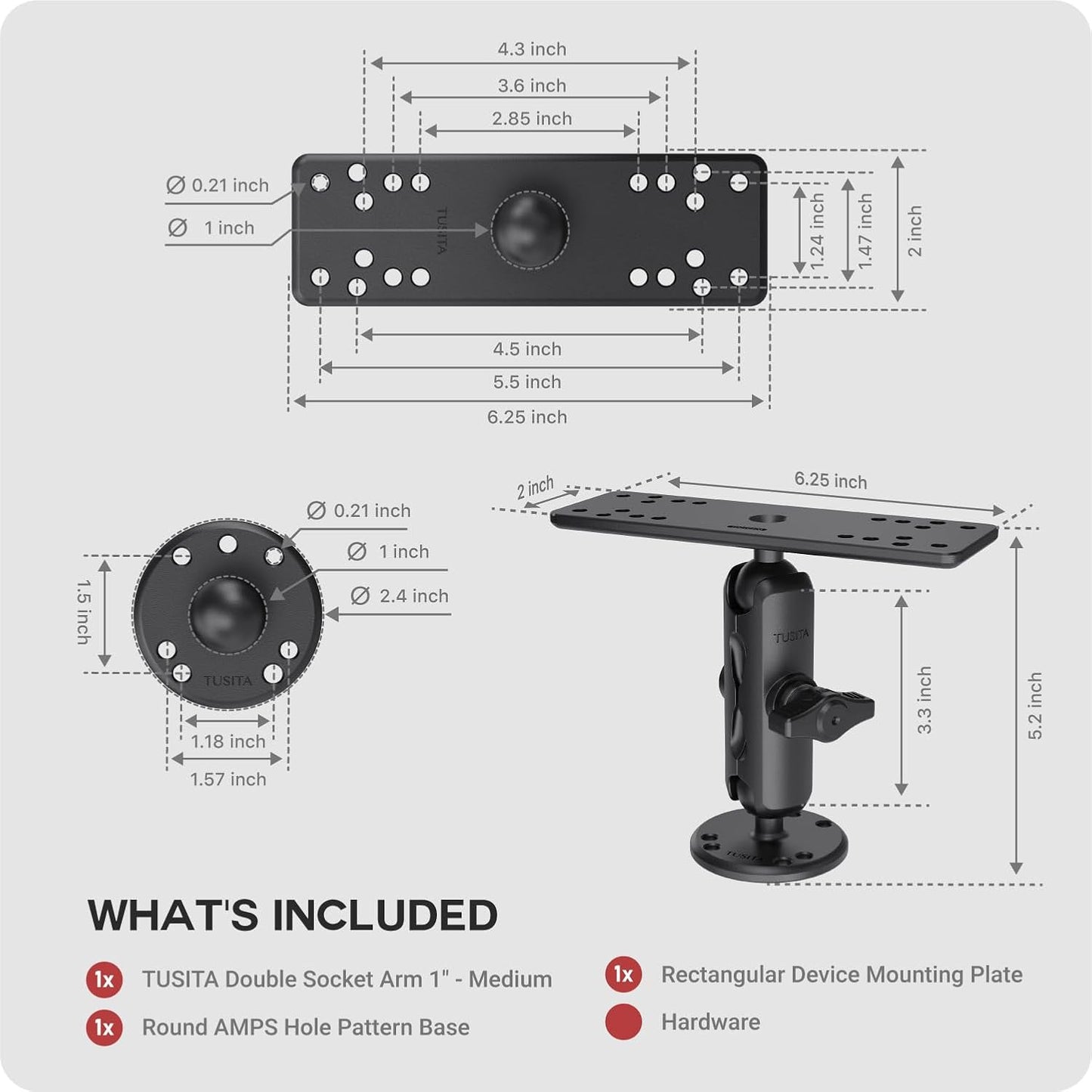 TUSITA Universal Marine Electronic Mount - B Size Medium, Aluminum Fish Finder Mount with 1" Ball for Boat, 360° Rotation, High Salt Water Resistant, Compatible with Garmin, Lowrance and More