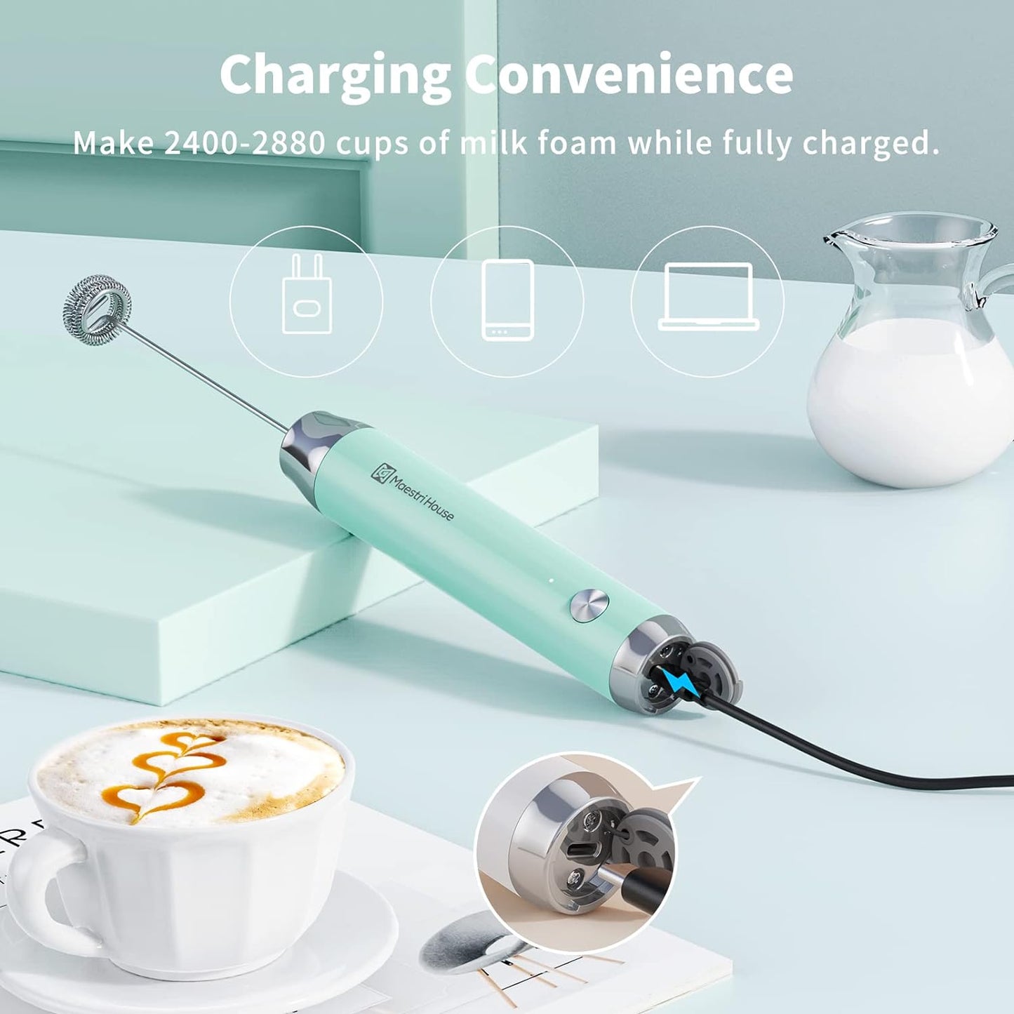 Maestri House Rechargeable Milk Frother, Handheld Electric Foam Maker Waterproof Detachable Stainless Steel Whisk Drink Mixer Foamer for Lattes, Cappuccino, No Stand (Black)，LunaFro NS