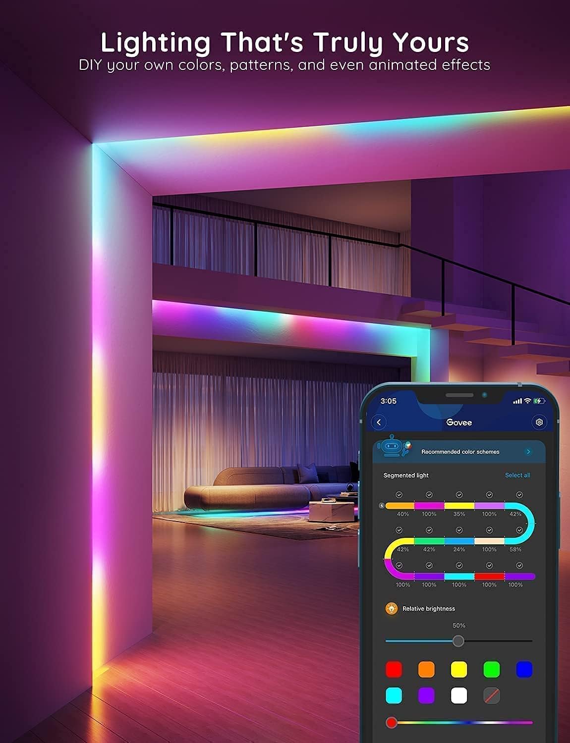 Govee RGBIC LED Strip Lights 100ft, Smart LED Lights Work with Alexa and Google Assistant, App Control Segmented DIY Multiple Colors, Color Changing Lights, LED Lights for Bedroom (NOT Waterproof)