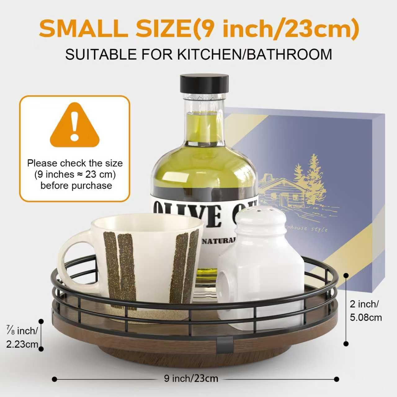 Farmhouse Oak 9" Lazy Susan Turntable Organizer – 360° Rotating Round Wooden Organizer for Kitchen, Pantry, Cabinet, Dining Table, Countertop, and Home Decor, Walnut Wood - PuriLite