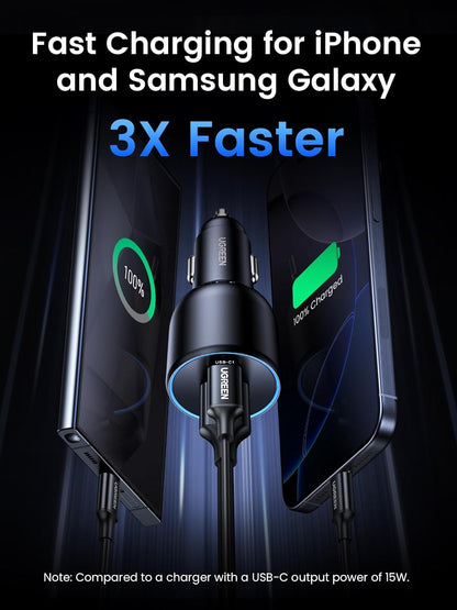 UGREEN 130W Car Charger USB C Fast Charger (with 100W USB C Cable) PD3.0 QC4.0 PPS Fast Charging Car Adapter Compatible with Dell XPS, MacBook, iPhone 16 15 14 Pro Max, Galaxy S25 S24 Ultra, iPad Pro