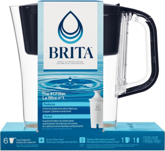 Brita Small 6 Cup Water Filter Pitcher with 1 Brita Standard Filter, Made Without BPA, Black