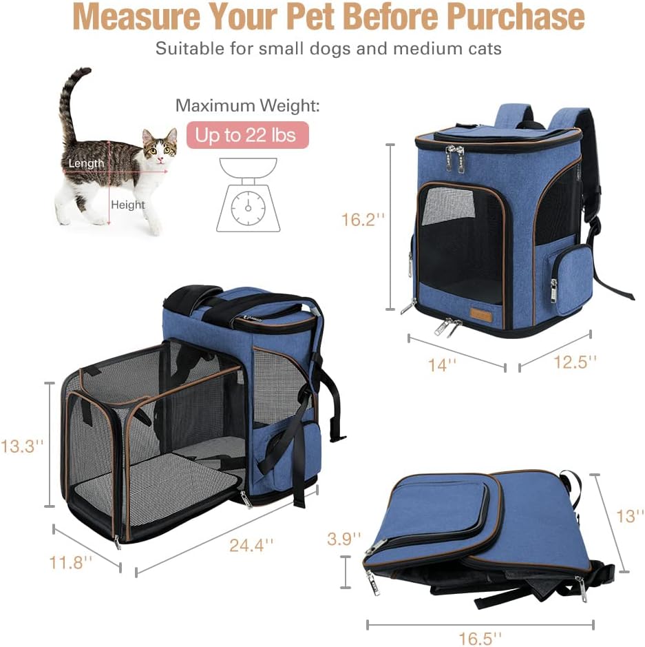 Lekesky Cat Backpack Expandable Dog Carrier Backpack Airline Approved Pet Backpack Carrier for Cats, Small Dogs, Puppies Under 13 Lbs, Grey
