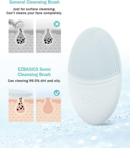 EZBASICS Sonic Facial Cleansing Brush Made with Ultra Hygienic Soft Silicone, Waterproof Sonic Vibrating Face Brush for Deep Cleansing, Gentle Exfoliating and Massaging, Inductive Charging Blue