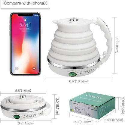 120V 555ML Ultrathin Travel Foldable Electric Kettle with Separable Power Cord and Handle, Boil Dry Protection, Food Grade Silicone