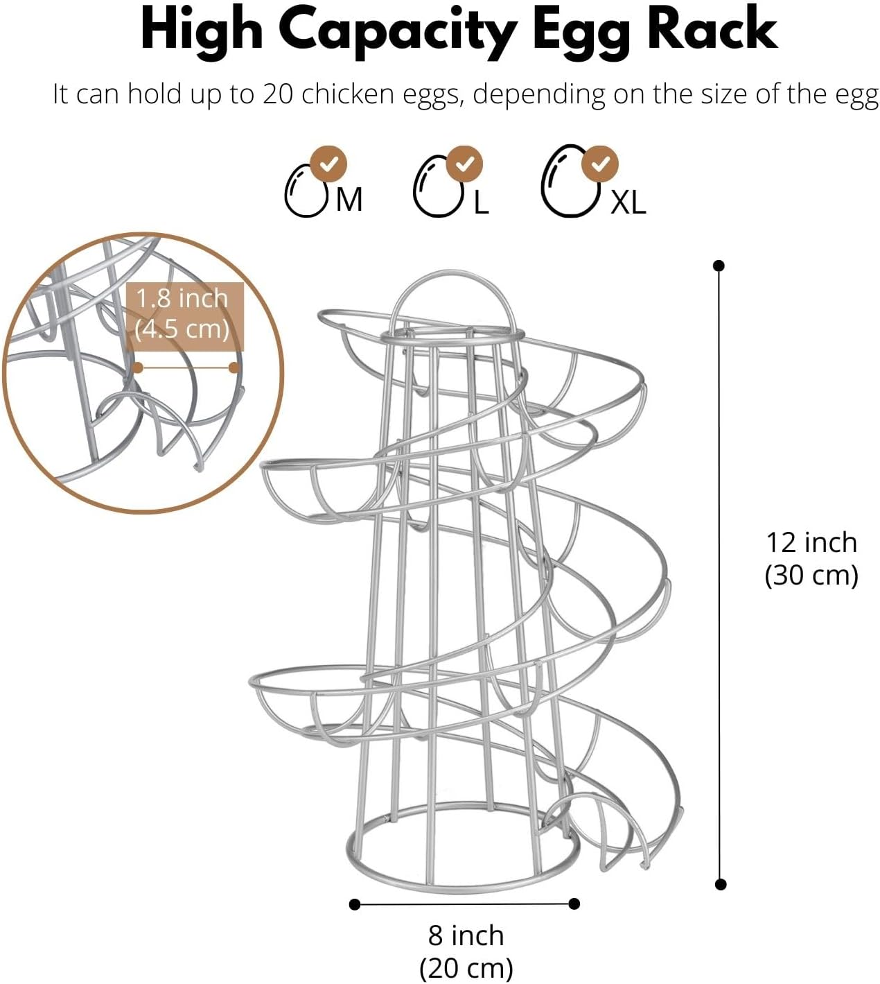 Flexzion Spiral Egg Skelter – Modern Countertop Egg Holder and Dispenser, Freestanding Wired Storage Rack for Fresh Eggs, Tower Display Stand, Silver, Holds Up to 20 Eggs - PuriLite