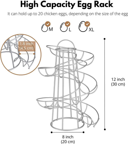 Flexzion Spiral Egg Skelter – Modern Countertop Egg Holder and Dispenser, Freestanding Wired Storage Rack for Fresh Eggs, Tower Display Stand, Silver, Holds Up to 20 Eggs - PuriLite