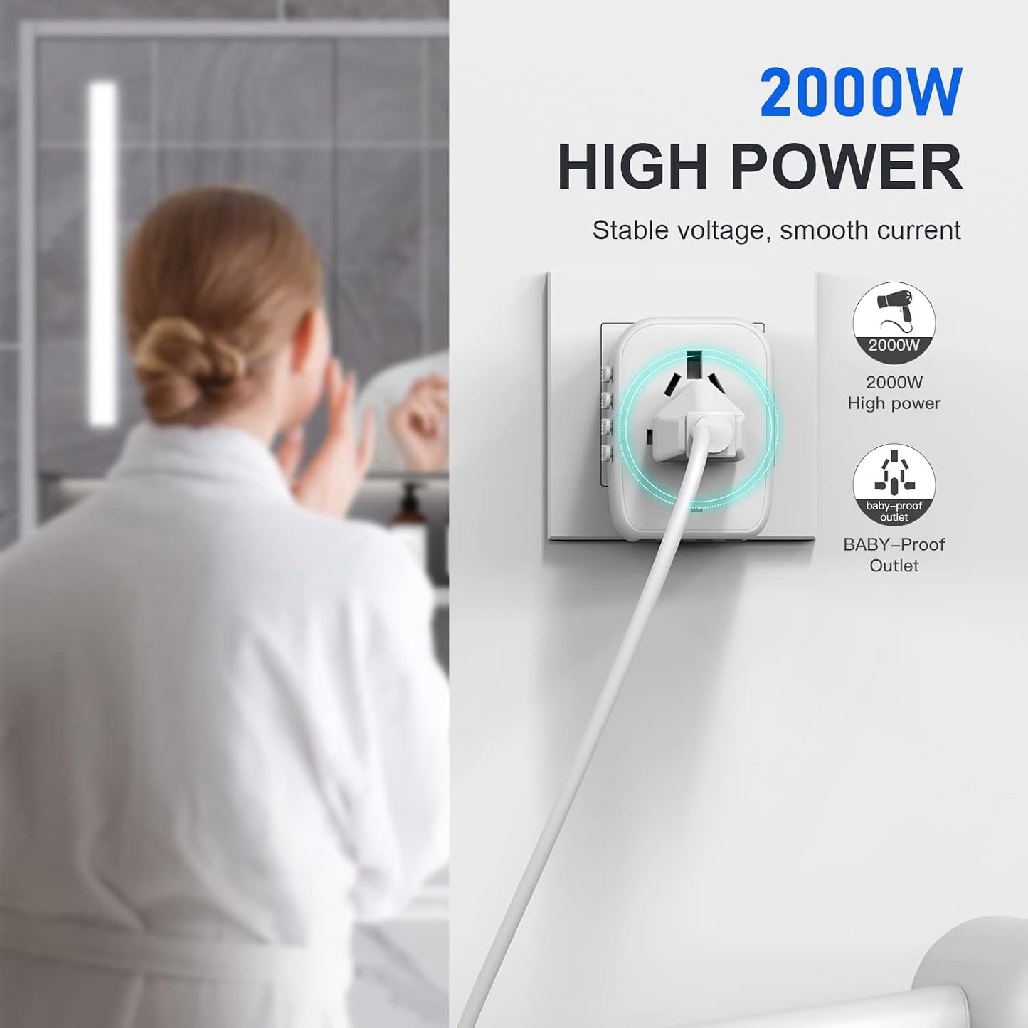 Universal International Power Travel Plug Adapter, 5 in 1 European Travel Plug Adapter W/ 3.5A 2xUSB-A and 2xUSB C Wall Charger and Worldwide AC Outlet for Europe USA UK AUS Asia (White)