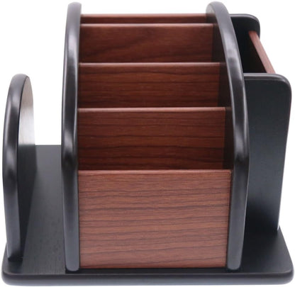 Coideal Large Remote Controls Holder, Rotating Wooden Caddy for Table, Spinning Office Supplies Desk Storage Organizer / Revolving Wood Pen Pencil Holder (6 Compartments, Brown & Black)