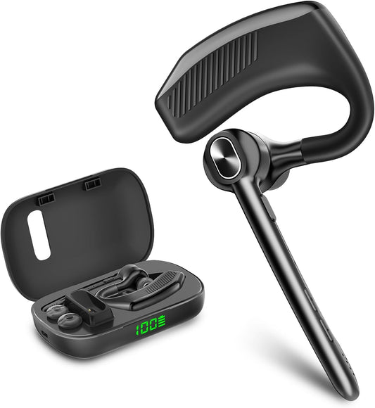 Wireless Headset Bluetooth Earpiece with Dual Noise Canceling Microphone Hands Free Headphones Single Ear Earphone Over Ear Earbud for iPhone Samsung Android Cellphones TV PC Trucker Game Work