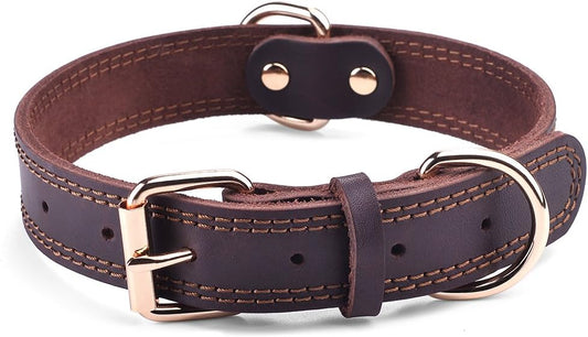 DAIHAQIKO Leather Dog Collar, Heavy Duty Wide Dog Collar for Small,Medium,Large and Extra Large Dogs (M: 1" Wide for 15.2"-19.2" Neck, Dual Stitch - Brown)