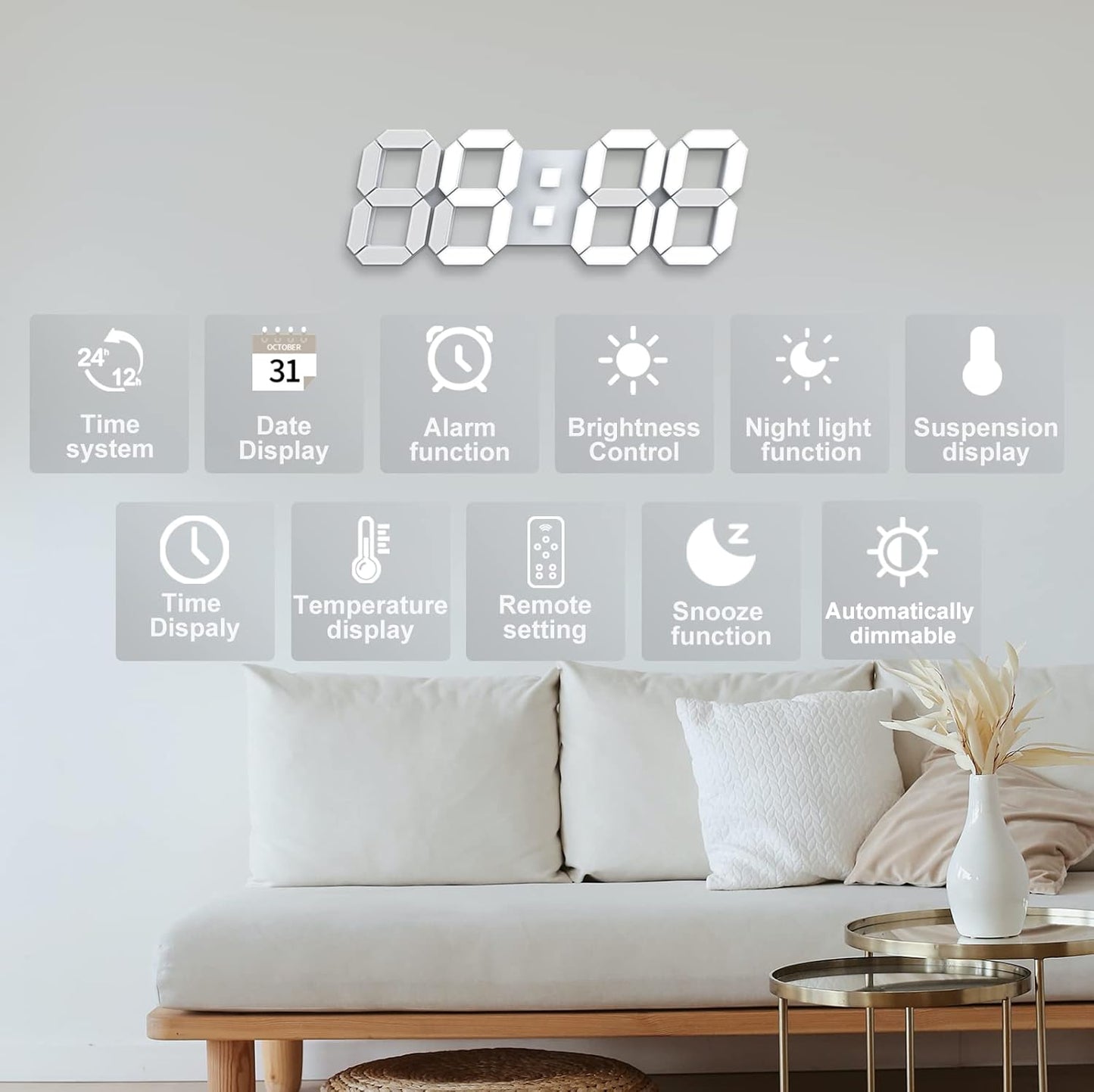 Deeyaple 3D LED Digital Wall Clock Modern Alarm Clock Adjust Brightness 12/24 Time Date Temperature Silent Snooze USB Night Light Remote Control Kitchen Bedroom Living Room Small 9.7 inch White