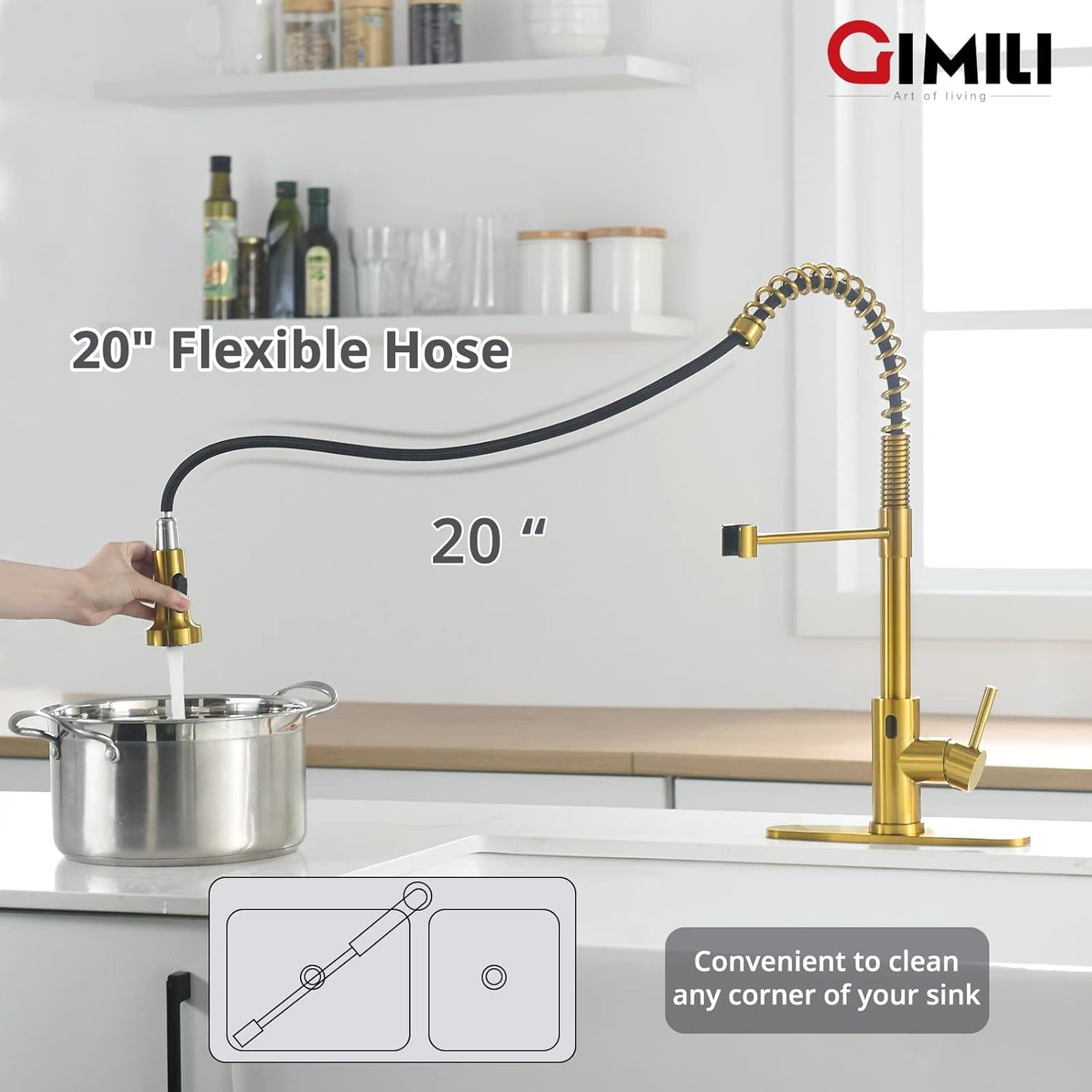 GIMILI Touchless Spring Kitchen Faucet with Pull Down Sprayer, Single Handle Motion Sensor Activated Hands-Free Kitchen Sink Faucet, Single Hole Smart Kitchen Faucet, Solid Brass, Matte Black