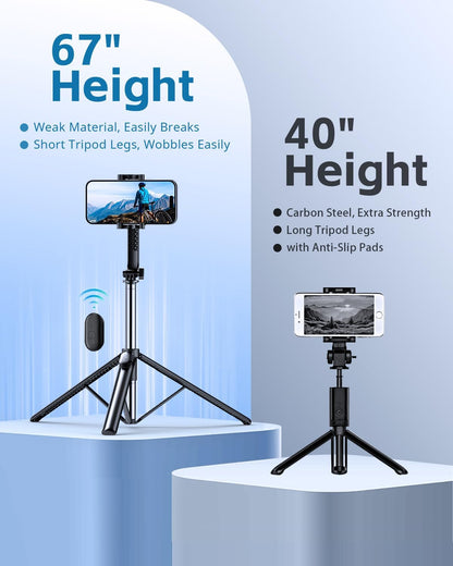 UBeesize 67" Selfie Stick Tripod - Extendable Travel Tripod with Wireless Remote Control and Phone Holder, Compatible with All Cell Phones, Ideal for Photography and Video, Black
