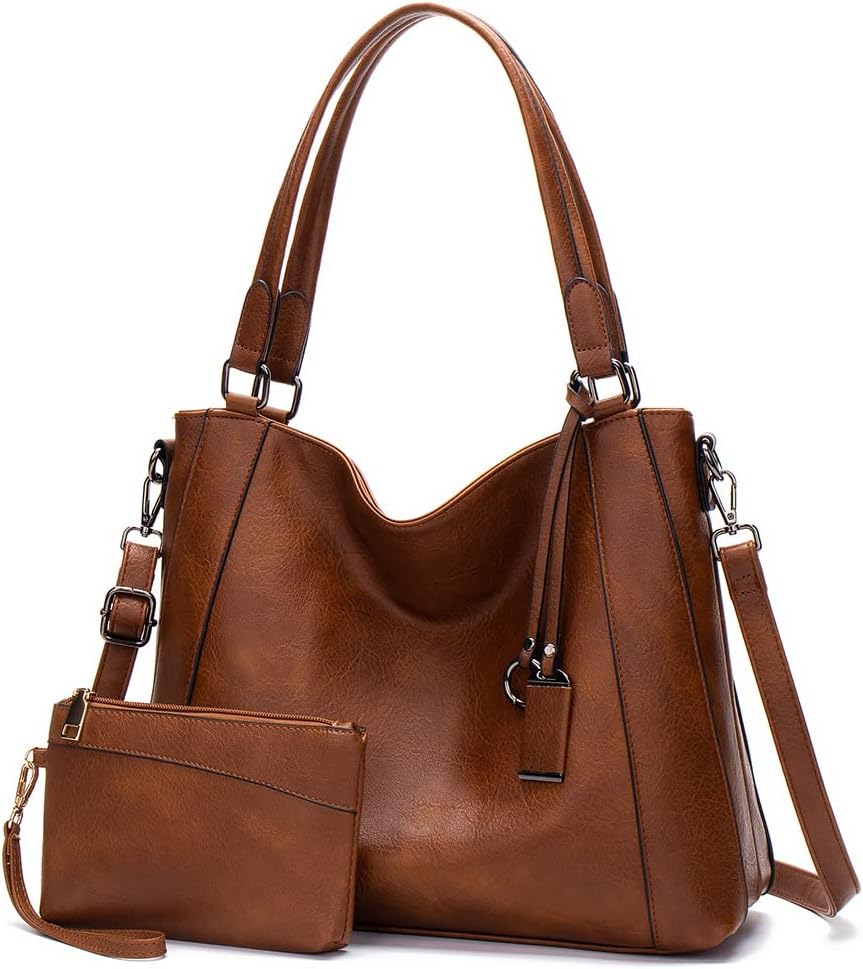 Hobo Bags for Women Handbags Purse Ladies Boho Shoulder Bag Crossbody Purses PU Leather Brown 2PCS
