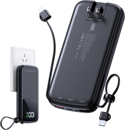 Portable Charger Power Bank, 15000mAh Portable Charger Fast Charging Lightweight, Built-in AC Wall Plug and 2 Output Cables with LED Display for iPhone Samsung iPad etc (White)