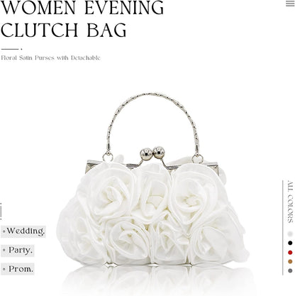 JAMBHALA Women Evening Clutch Bag Floral Satin Purses with Detachable Strap for Wedding, Party, Prom