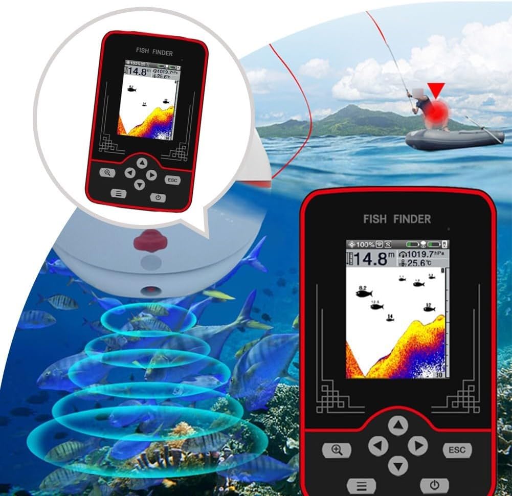 Wireless Fish Finder 60m Depth Detection Real-Time Sonar Anti Interference 433MHz 105° Sonar Angle Color Screen Metric British Units Rechargeable for Anglers Boats Ice Fishing