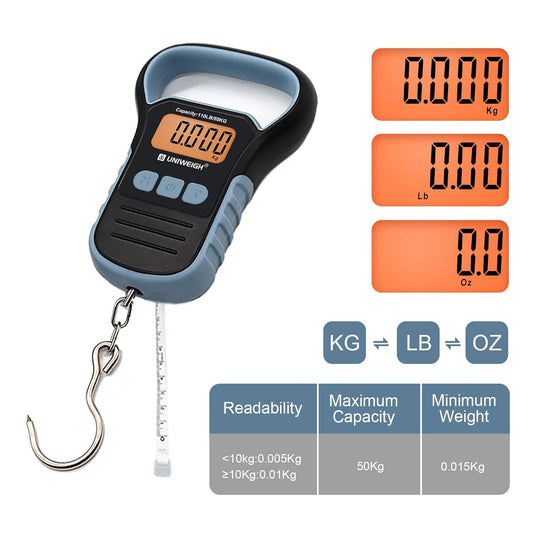UNIWEIGH Digital Fish Scale Luggage Scale with Fish Lip Gripper, Backlight LCD Display 110lb/50kg Electronic Balance Digital Fishing Postal Hanging Hook Luggage Scale 2 AAA Batteries Included