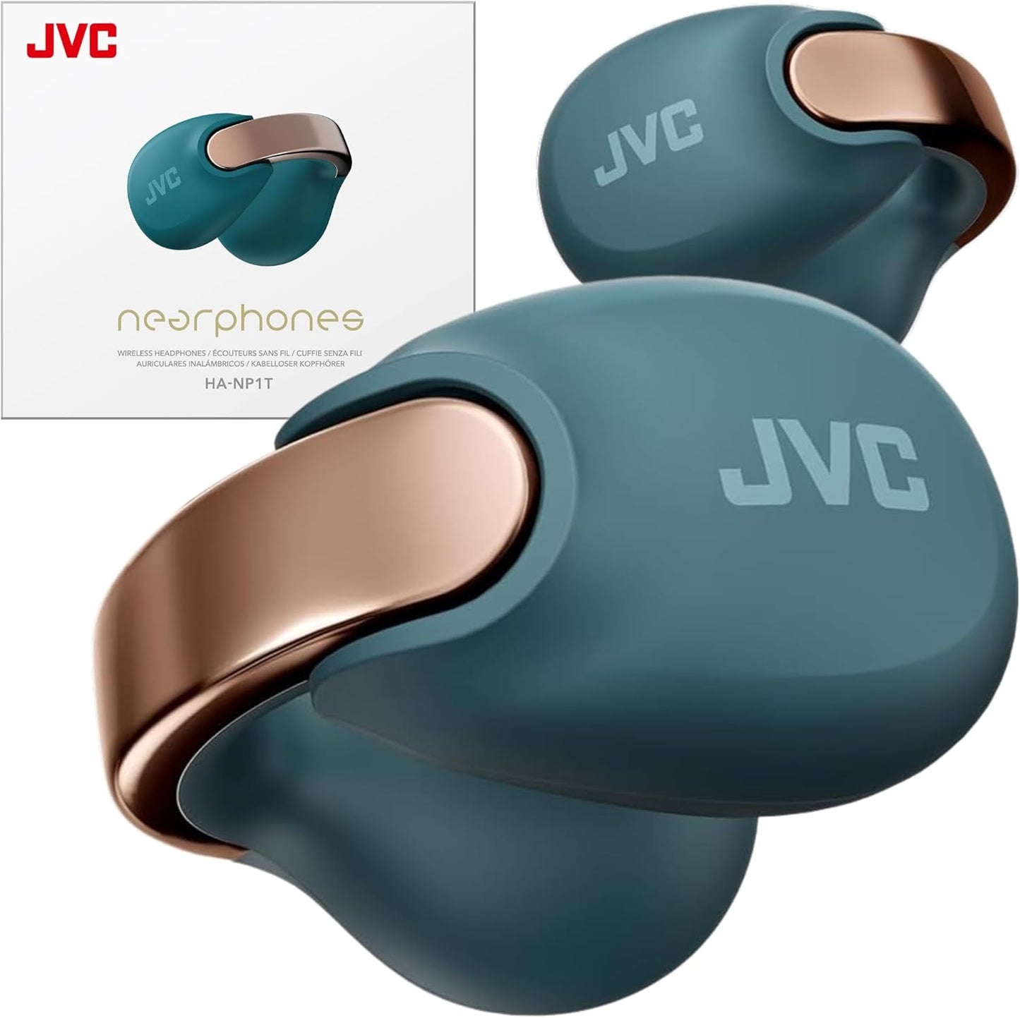 JVC nearphones Open Ear-Cuffs Wireless Headphones with Clasp Mechanism, Multipoint, Single Ear use, BT 5.3, Long Battery Life (up to 24 Hours) - HA-NP1T-A Teal Blue