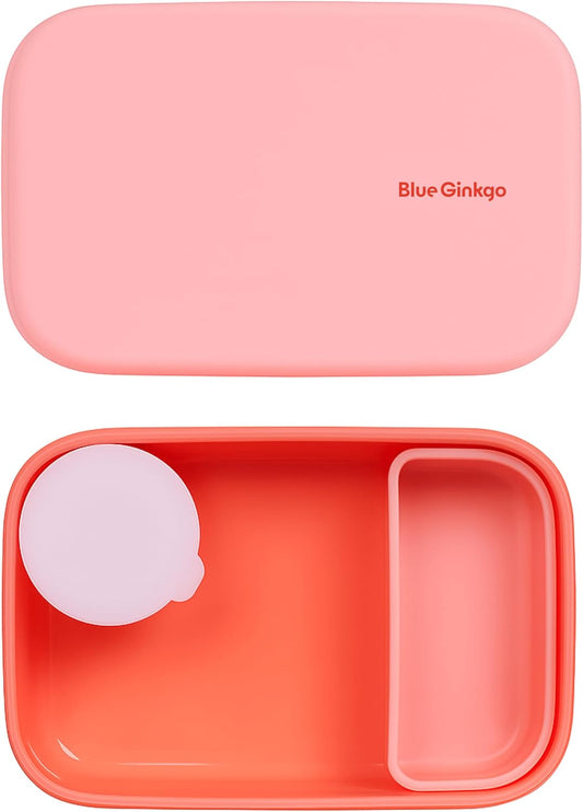 Blue Ginkgo Kids Silicone Lunch Box Set – Durable Heavy-Duty Silicone Bento Box, Microwave, Freezer, Dishwasher Safe – Airtight, BPA Free (Made in Korea, Coral)