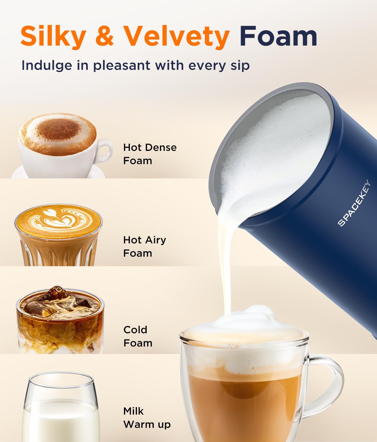 Spacekey - 4 in 1 Milk Frother and Steamer, 4 in 1 Milk Frother 300ml Hot and Cold Frother Machine with Quiet Mode, with Automatic Temperature Control, Electric Frother for