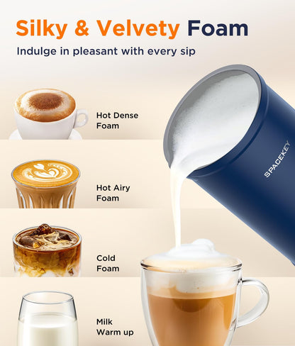 Spacekey - 4 in 1 Milk Frother and Steamer, 4 in 1 Milk Frother 300ml Hot and Cold Frother Machine with Quiet Mode, with Automatic Temperature Control, Electric Frother for