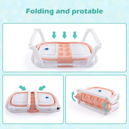 Baby BathTub, 4-in-1 Newborn to Toddler Tub with Temperature Sensor,Infant Waterproof Ear Cap and Soft Cushion included,Pink