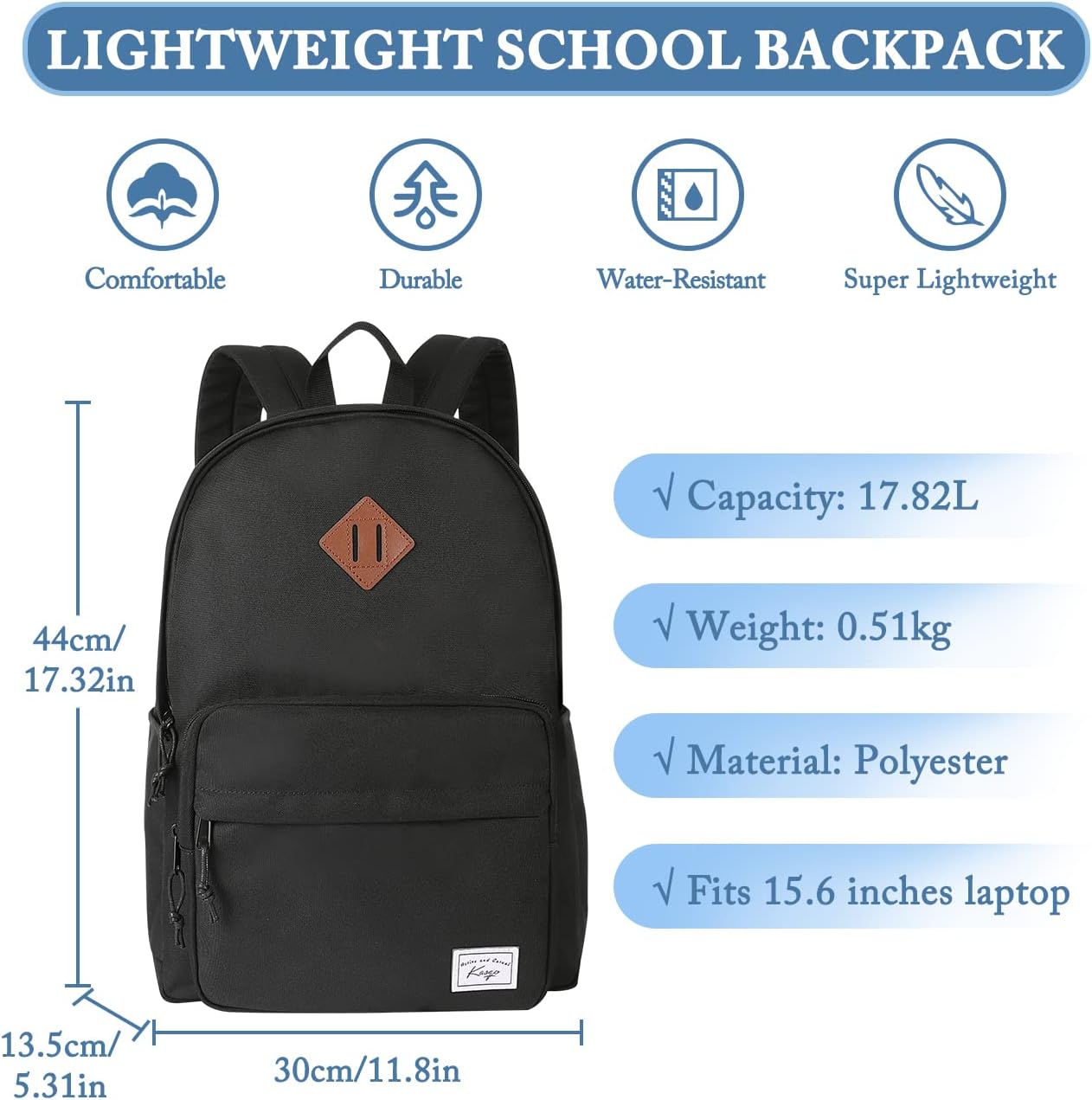 School Backpack, Kasqo 15.6 Inch Classic Lightweight Water-Resistant Backpack for Men Women Teens Girls Boys Kids to School, College, Travel, Work, Black
