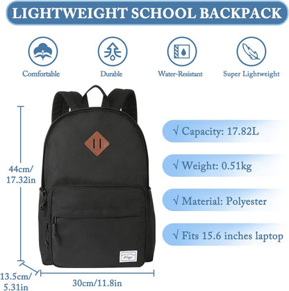 School Backpack, Kasqo 15.6 Inch Classic Lightweight Water-Resistant Backpack for Men Women Teens Girls Boys Kids to School, College, Travel, Work, Black