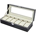 SONGMICS Watch Box, 6-Slot Watch Case, Watch Box Organizer, Black Synthetic Leather, Greenish Gray Lining UJWB06BK