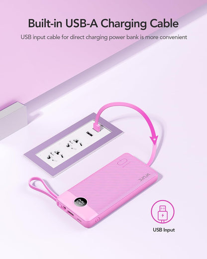 VRURC 10000mAh Power Bank Built-in Cables, Portable Charger with LED Display, Slim Intelligent Travel Battery Pack with Cords, 5 Output Dual Input Phone Charger for Cell Phone Smart Devcies-Blue
