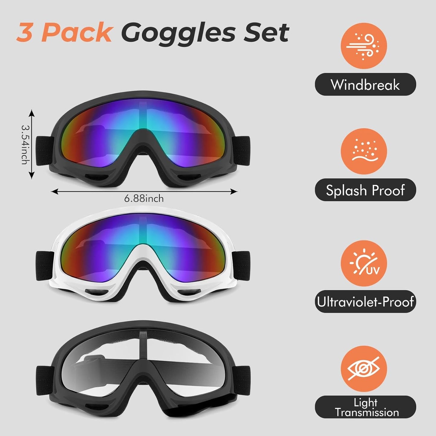 MUJG Motorcycle Goggles Motorcycle Riding Glasses 3 Pair Dirt Bike ATV Ski Motocross Riding Padding Goggles UV Protection Dustproof Windproof for for Men Women Kids,（Clear+Black+White）