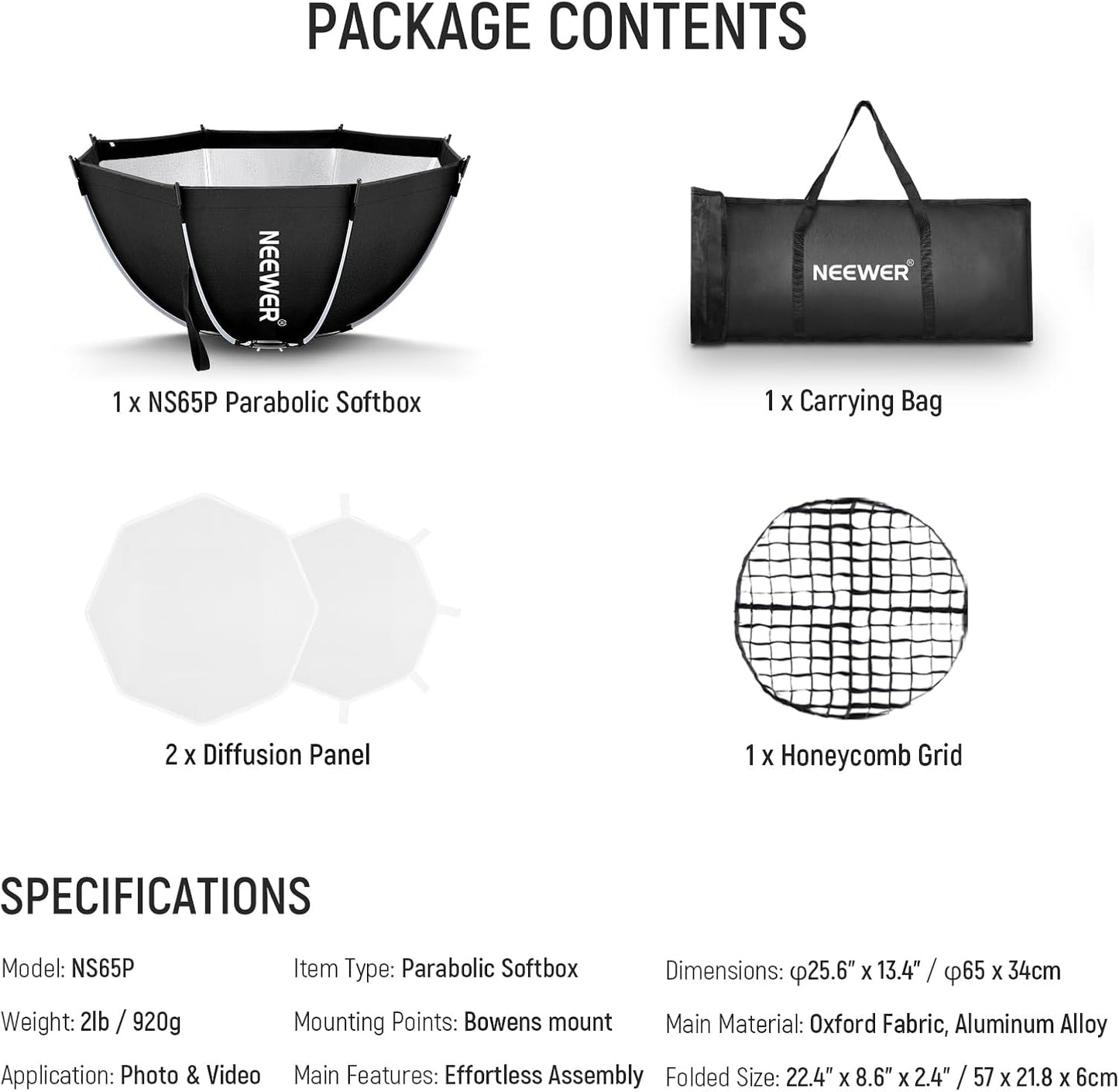 NEEWER 35.4'' Octagonal Softbox, Quick Release Parabolic Soft Box with Bowens Mount, Diffusers, Grid, Bag Compatible with Aputure 120d Compatible with Godox SL60w NEEWER Q4 AS600B CB300B Q300, NS92P