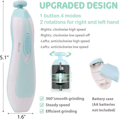 Baby Nail File Electric Nail Trimmer Manicure Set with Nail Clippers, Toes Fingernails Care Trim Polish Grooming Kit Safe for Infant Toddler Kids or Women, LED Light and 10 Grinding Heads (White/Teal)