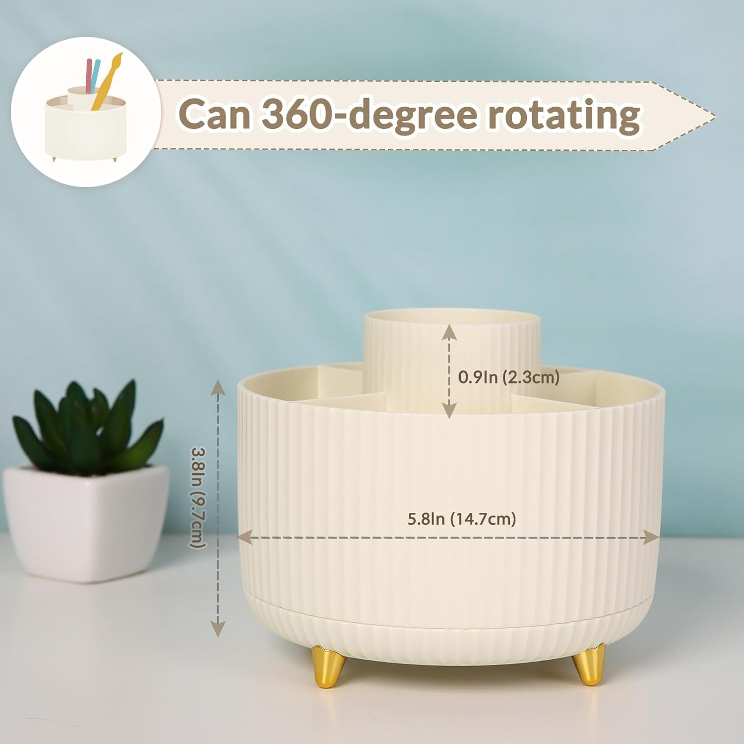 360 Degree Rotating Desk Pen Organizer, Round Plastic Pencil Holder with 5 Compartments for Office, School, Art Supplies and Home Use - PuriLite