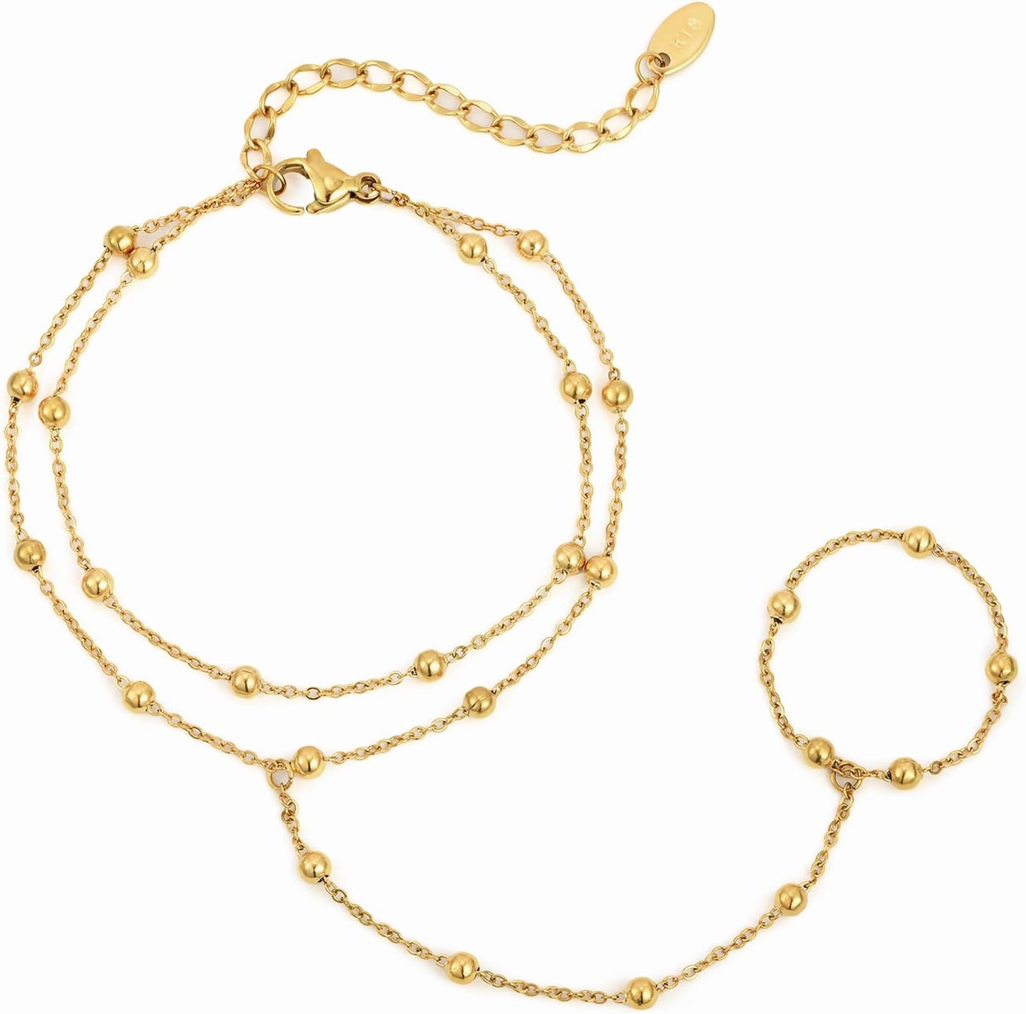 Hand Chain Ring Bracelet For Women, 14k Gold Plated Dainty Cubic Zirconia Minimalist Finger Ring Bracelet, Trendy Stuff Jewelry Gifts To Wife Girfriend Daughter Sister BBF, 17.5cm/7.5cm
