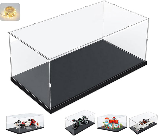Thickened Clear Acrylic Display Case for Lego 10330 43268 76450 42170 10295 10353 Collectibles, Transparent Box Dustproof Protection with Wood-Plastic Base & String Light, Black Inside 40x20x20cm