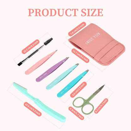 SWEET VIEW 7pcs Eyebrow Tweezers Set, Stainless Steel Tweezers for Women and Man, Precision Plucker Tweezers for Facial Hair, Chin, Eyebrow, Splinter and Ingrown Hair Removal