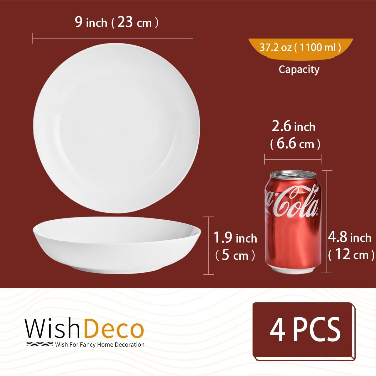 WishDeco White Pasta Bowls Set of 4, Porcelain Salad Bowls 37 oz / 1100 ml, Wide and Shallow Serving Bowl 9 Inch / 23 cm, Large Pasta Plates, Serving Dishes for Soup, Dinner, Microwave Safe